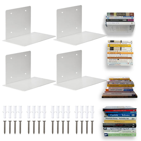 ECOSEAO Floating Book Shelves for Wall, Heavy-Duty Book Organizers, Iron Wall Mounted Shelves for Home Office Classroom Library, White Large (4) ECOSEAO