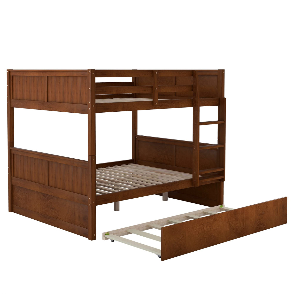 Merax Full Over Full Bunk Bed with Trundle,Wooden Trundle Bed Frame with Ladder Safety Guardrail,Convertible to 2 Platform Beds for Kids Teens,Walnut Merax