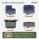 Aoxun 8 Piece Patio Furniture Set with 44” Fire Pit Table Paito Conversation Set Wicker Rattan Outdoor Sectional Sofa Set with Waterproof Cover and Thickened Cushions (Grey/Blue) Aoxun