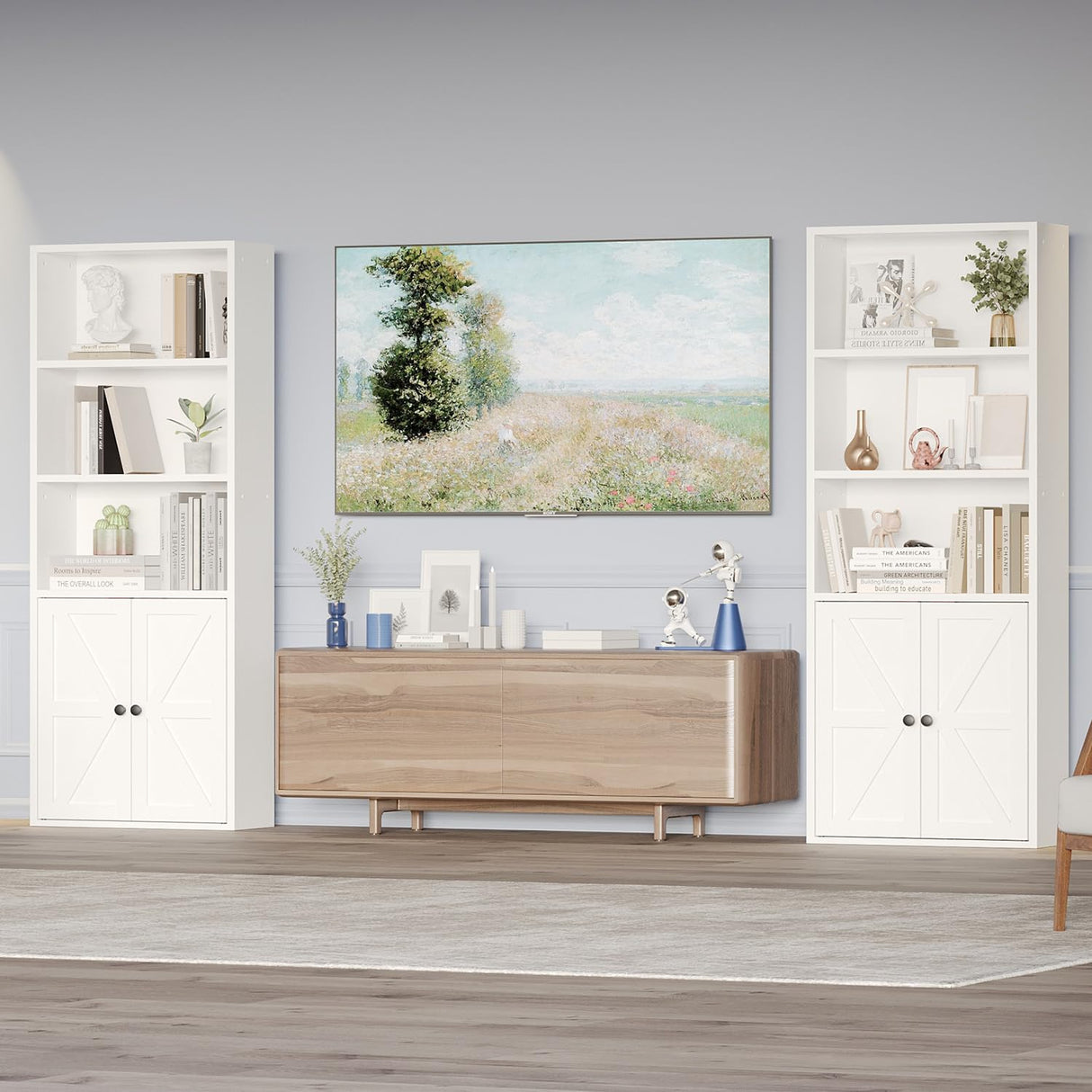 oneinmil 5 Tier Bookshelves and Bookcase with Doors Industrial Set of 2 Double Wide Floor Standing Book Shelf 59" Tall Display Shelves Bookshelf with Storage Cabinets for Living Room, White oneinmil