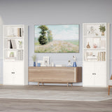 oneinmil 5 Tier Bookshelves and Bookcase with Doors Industrial Set of 2 Double Wide Floor Standing Book Shelf 59" Tall Display Shelves Bookshelf with Storage Cabinets for Living Room, White oneinmil