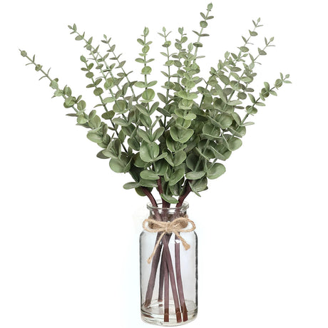 VIERENA 17.5" Artificial Eucalyptus Stems in Glass Vase with Faux Water,Fake Plant Eucalyptus Leaves White Seeds for Centerpiece Table Decorations Farmhouse Wedding Home Greenery Decor (Sage Green) VIERENA