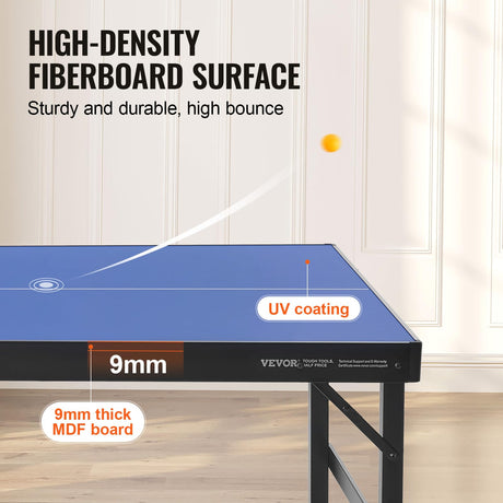 VEVOR Ping Pong Table, Mid-Size Table Tennis Game, Indoor MDF Table Tennis Table, Foldable Portable Complete Ping Pong Table Set with Net, 2 Paddles, 3 Balls, Carry Bag, Handle (No Assembly Required) VEVOR