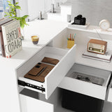 ECACAD Large L-Shaped Reception Desk with 3 Drawers, 15 Open Shelves, Counter Top & Monitor Stand, Office Desk Reception Counter Table with File Cabinet, White (70.9”L x 47.2”D x 39.43”H) ECACAD