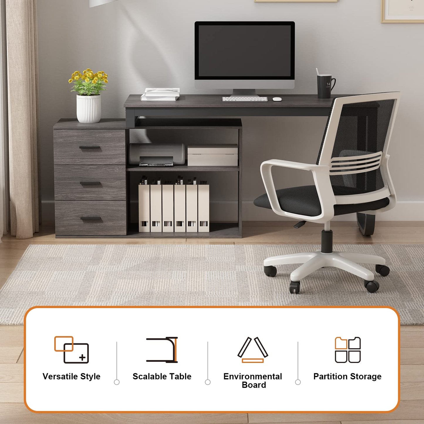 FUFU&GAGA Large 55.1" L-Shaped Office Desk with 41.3" File Cabinet, Corner Computer Desk with 3 Drawers & 2 Shelves, Workstation Executive Desk with Storage Shelf for Home Office - Grey - WoodArtSupply