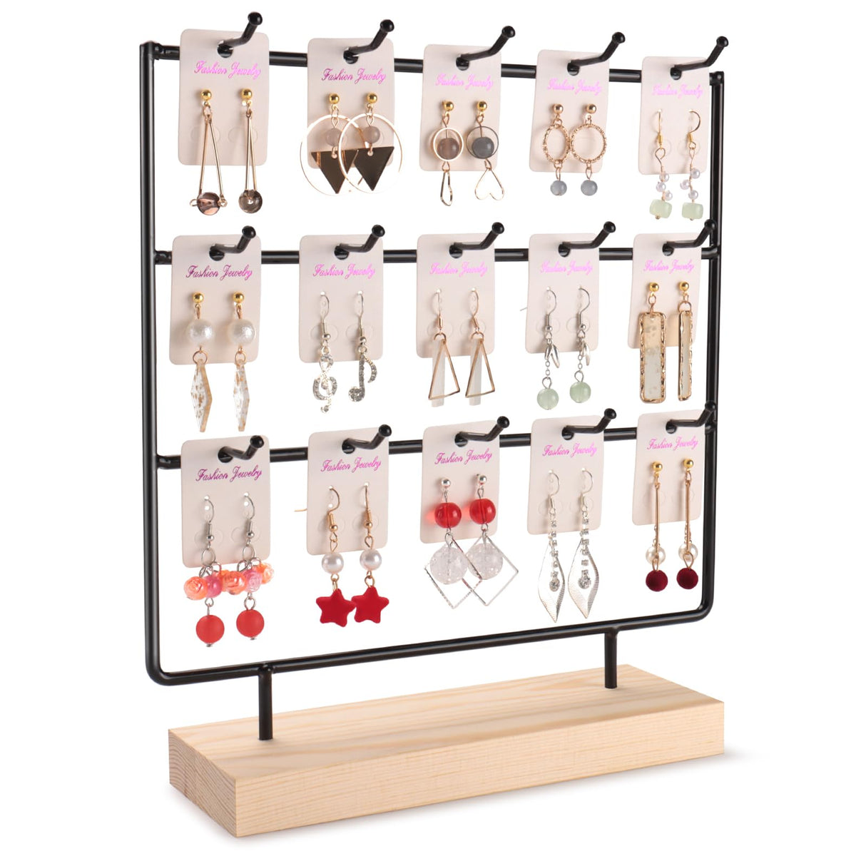shidaishiye Earring Display Stand for Selling, Wood Earring Rack Tower Display Holder Stand (3 Tier,15 Hooks, Black) shidaishiye