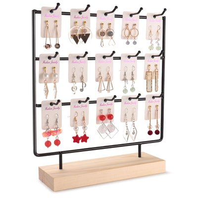 shidaishiye Earring Display Stand for Selling, Wood Earring Rack Tower Display Holder Stand (3 Tier,15 Hooks, Black)