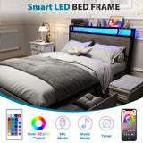 Kiivakii Grey Full Size Bed Frame with LED Lights, 4 Storage Drawers & Charging Station Kiivakii