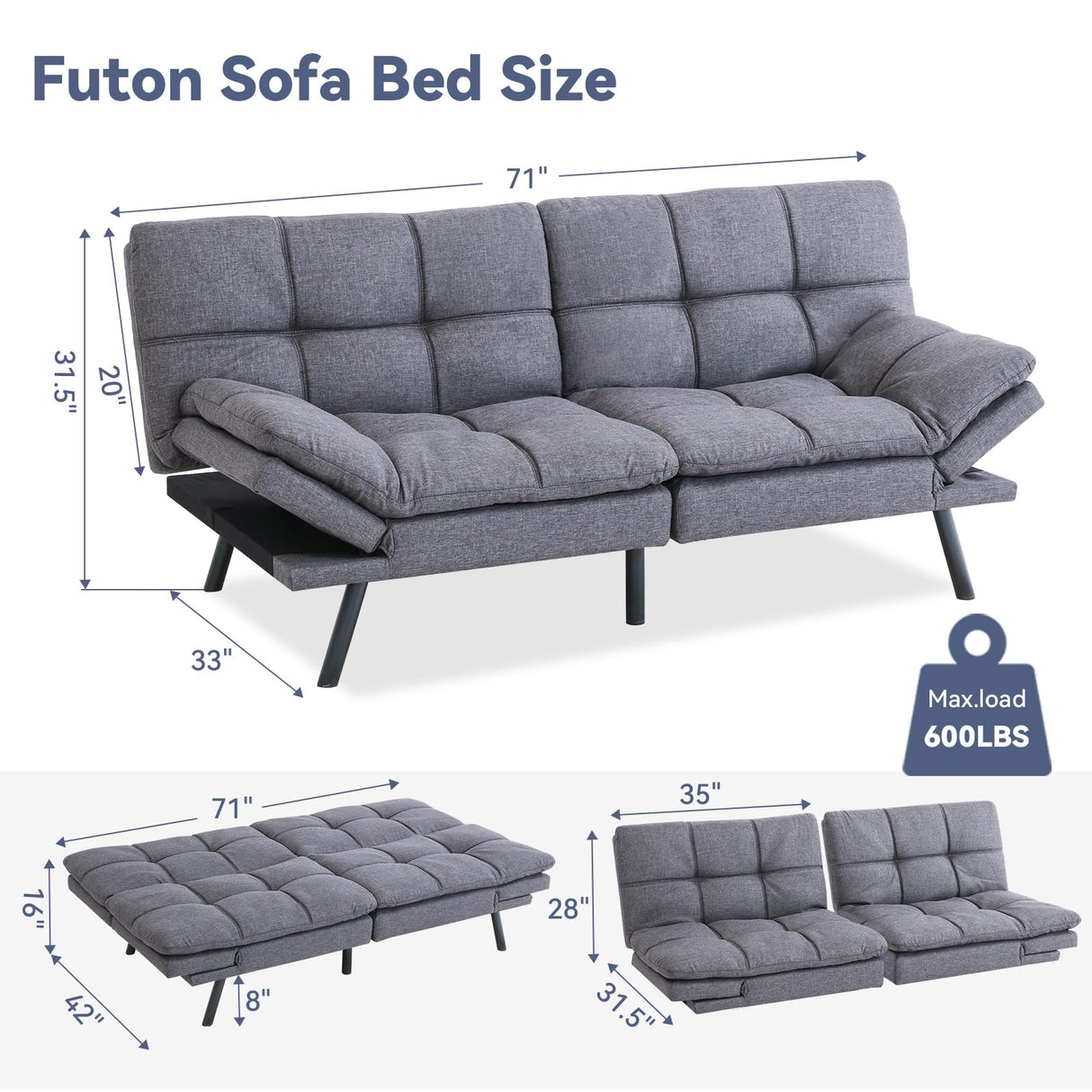 Hcore Convertible Splitback Futon Sofa Bed for Living Room, Office, Apartment - Memory Foam Sleeper Loveseat, Modern Small Couch in Grey Hcore