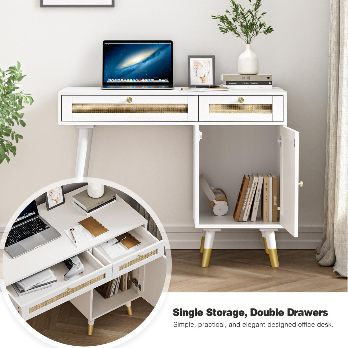 Anmytek Rattan Vanity Desk with Drawers and Storage, White Makeup Vanity Table Modern Home Office Desk Computer Desk for Study D0006 Anmytek