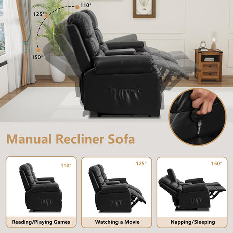 ZRNINR Loveseat Reclining Sofa, Home Theater Seating with Center Console, RV Recliner Sofa with Cup Holders and Pockets, Manual Double Seater Recliner for Living Room, Motor Home, Cinema(Black) ZRNINR