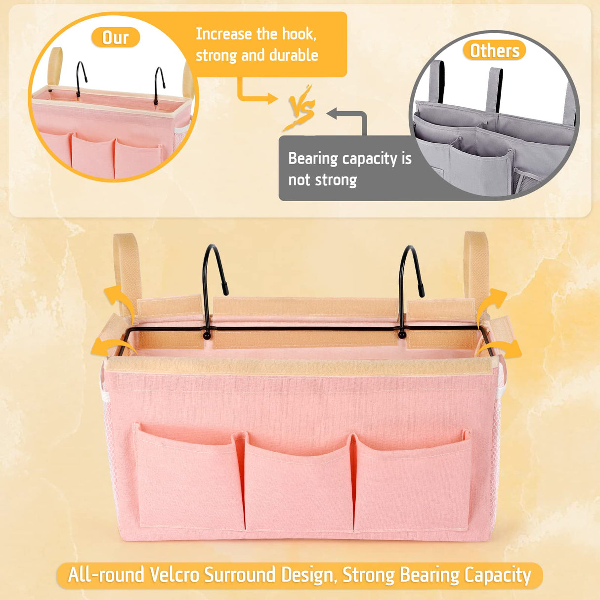 Lilithye Bedside Caddy Bedside Organizer Bedside Storage Caddy with Fixed Straps and Water Bottle Holder for Home College Dorm Bunk Bed Hospital Bed Crib Bed Rails (Pink) Lilithye