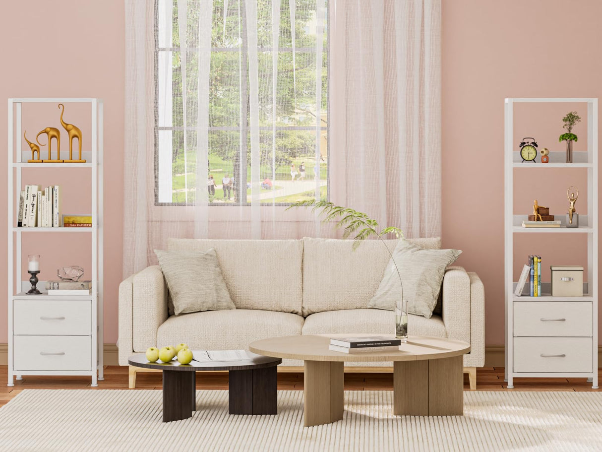 Furnulem 4-Tier Corner Shelf, Bookshelf with 2 Storage Drawers, 57.28”Tall Narrow Bookcase, Standing Shelf Organizer Unit for Living Room, Bedroom, Metal Frame, Wood Display Shelf Furnulem