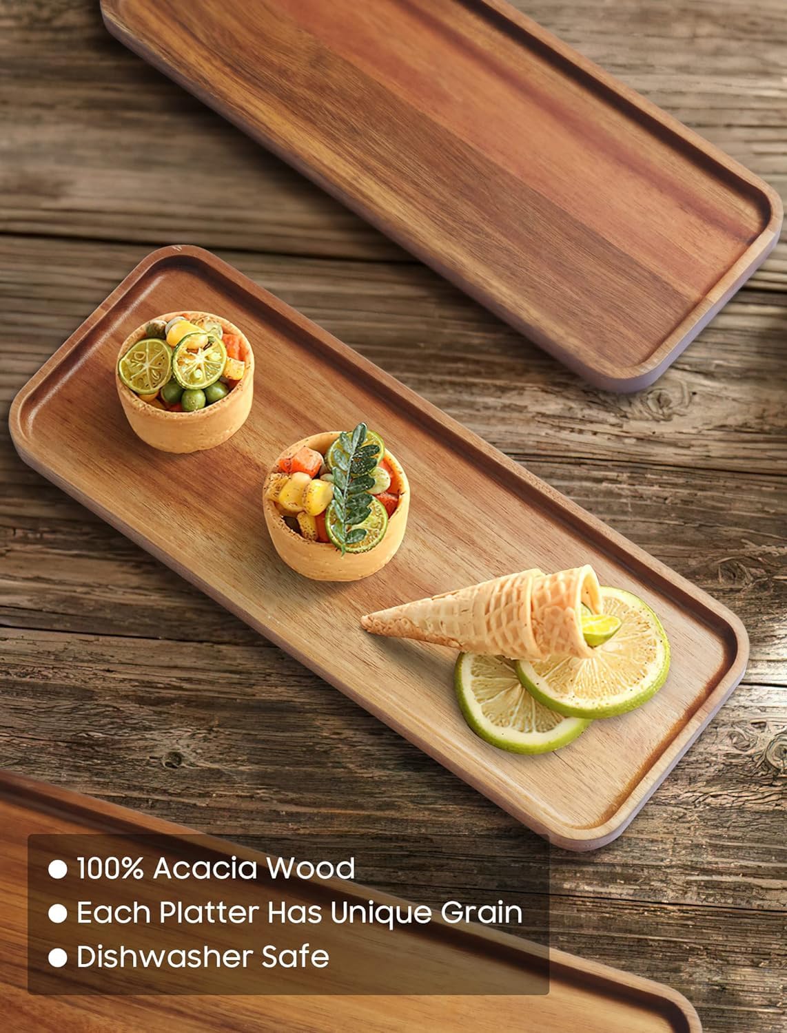 HOMKULA Acacia Wood Serving Platters and Trays - 14" x 5.5" Wooden Mini Charcuterie Boards, Small Cheese Board, Rectangle Wooden Tray for Kitchen Counter, Bathroom, Home Decor, Party, 3 Pack - WoodArtSupply