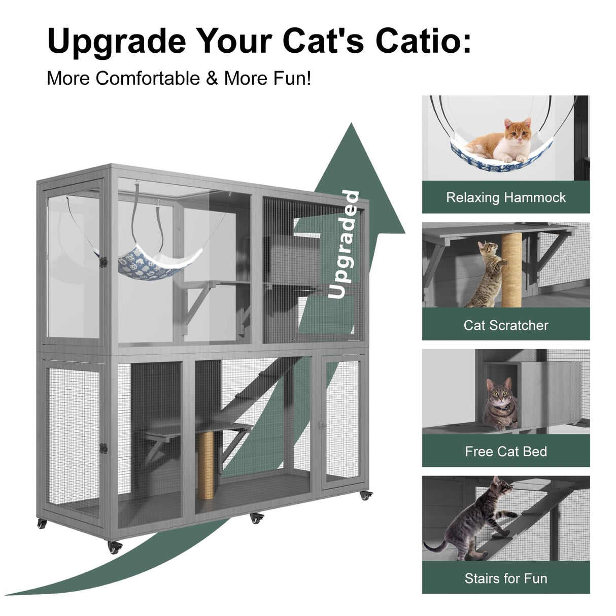 TIMHAKA Large Indoor Catio with Wheels, 4 Tier Cat Enclosures House for Outdoor Sunbathing, 66" Multi-Feature Wooden Kitty Cage for Patio with 4 Access Doors, Gray TIMHAKA