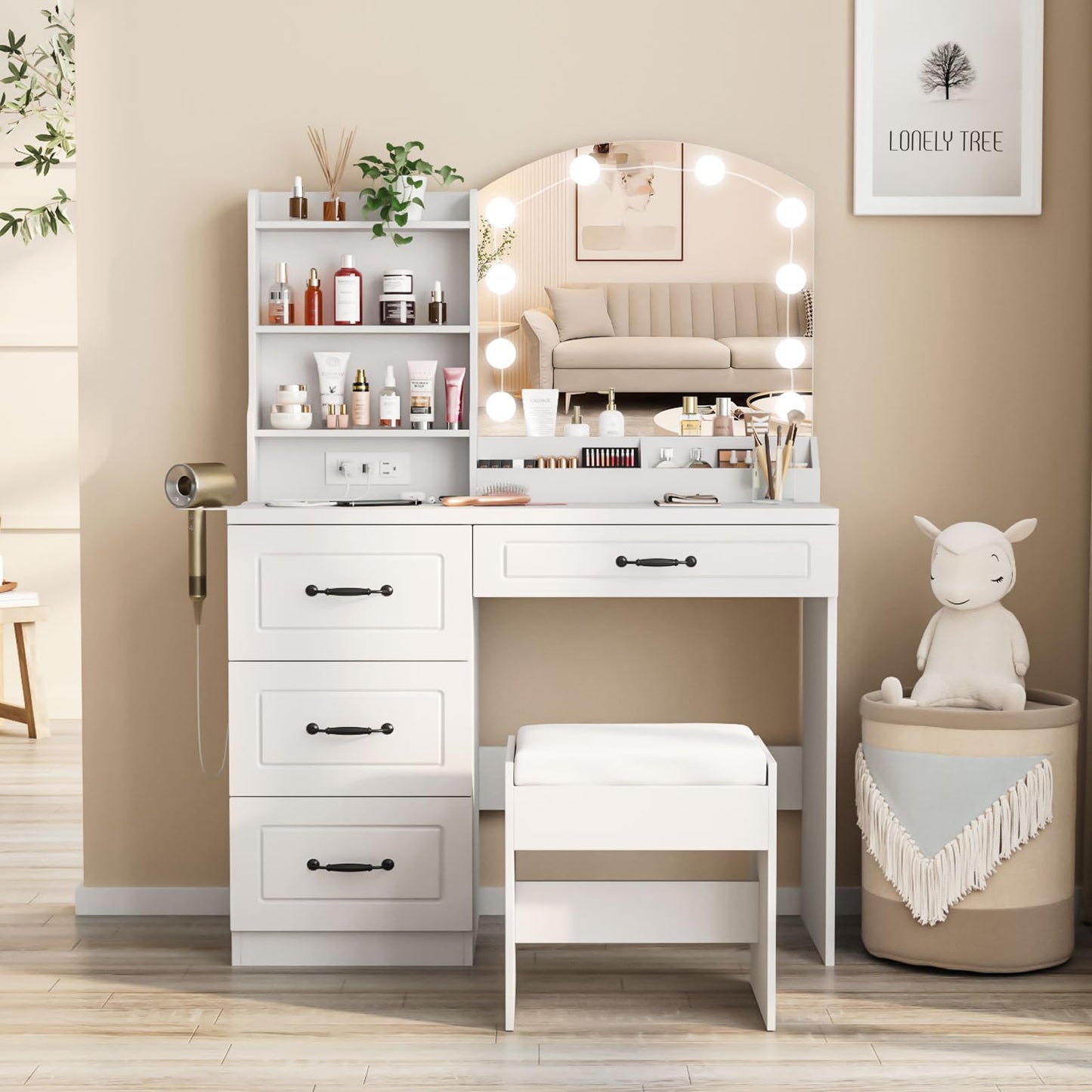 Vabches Makeup Vanity Desk with Lights and Charging Station, White Vanity Set Makeup Table with 4 Drawers Lots Storage, 3 Lighting Colors, Large Size 39.4in(W) - WoodArtSupply