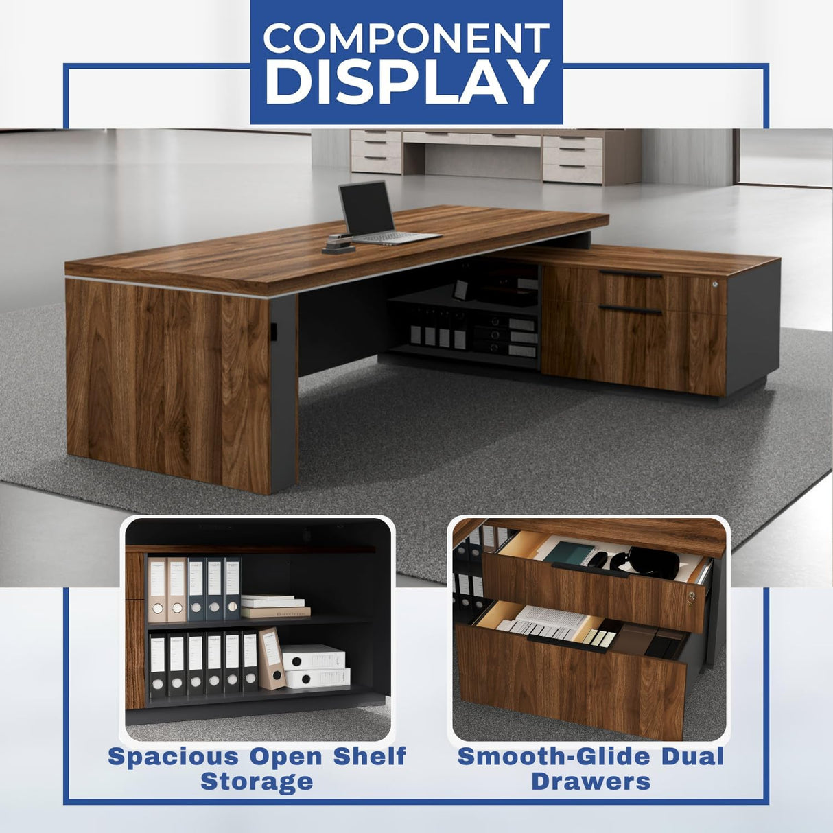 OfficeSimpli Modern L Shaped Executive Desk, 84x72x30 Inch - Made in USA – Ships Mostly Assembled – Home Office Workstation & Business Furniture, Large CEO Desk Table with Cabinets & Lockable Drawers OfficeSimpliUS