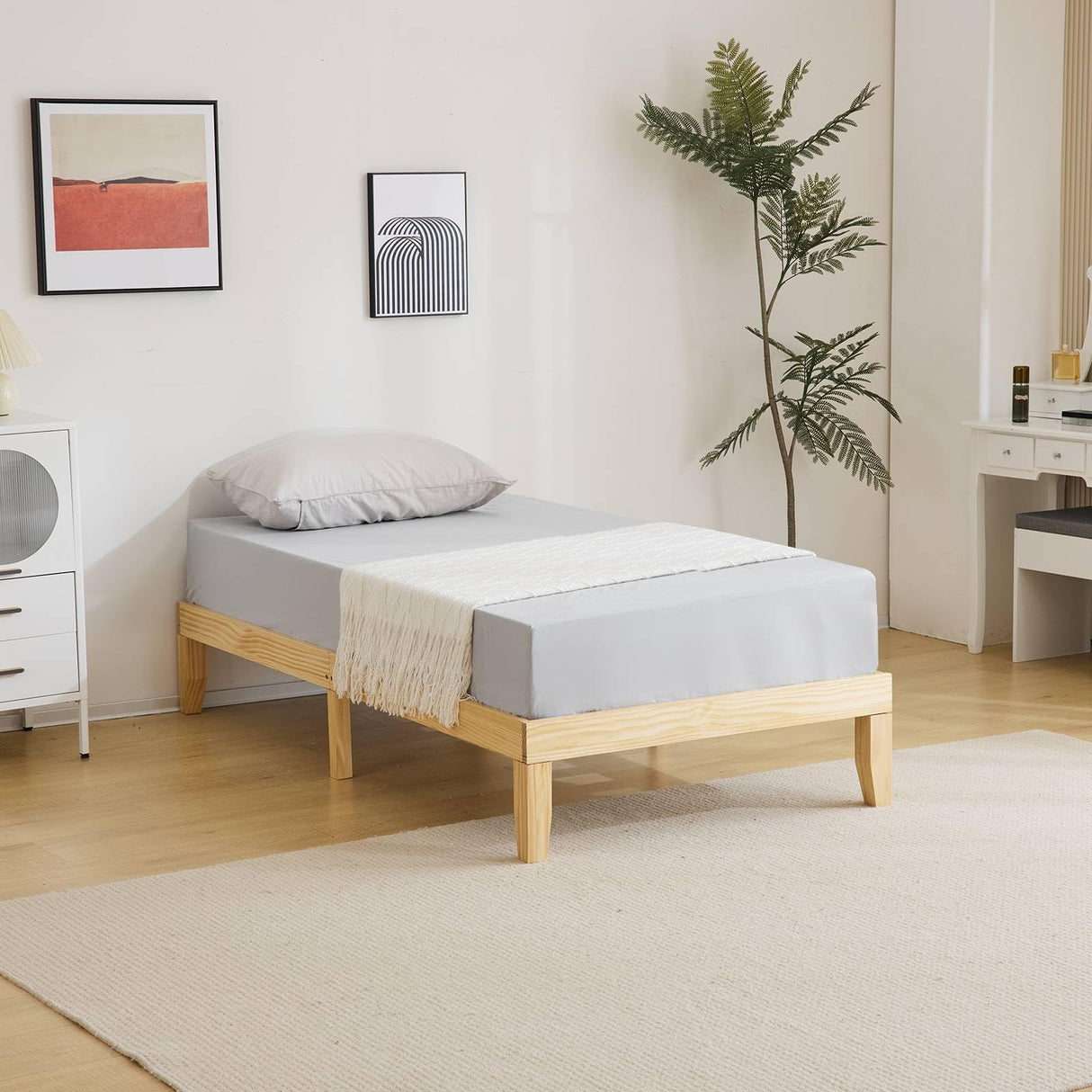 VINGLI 12 in Classic Twin Solid Wood Platform Bed Frame with Storage Space Underneath,Sturdy Wooden Bed Slat Support, Minimalist Design, No Box Spring Needed, Pine Mattress Foundation, Natural Oak VINGLI