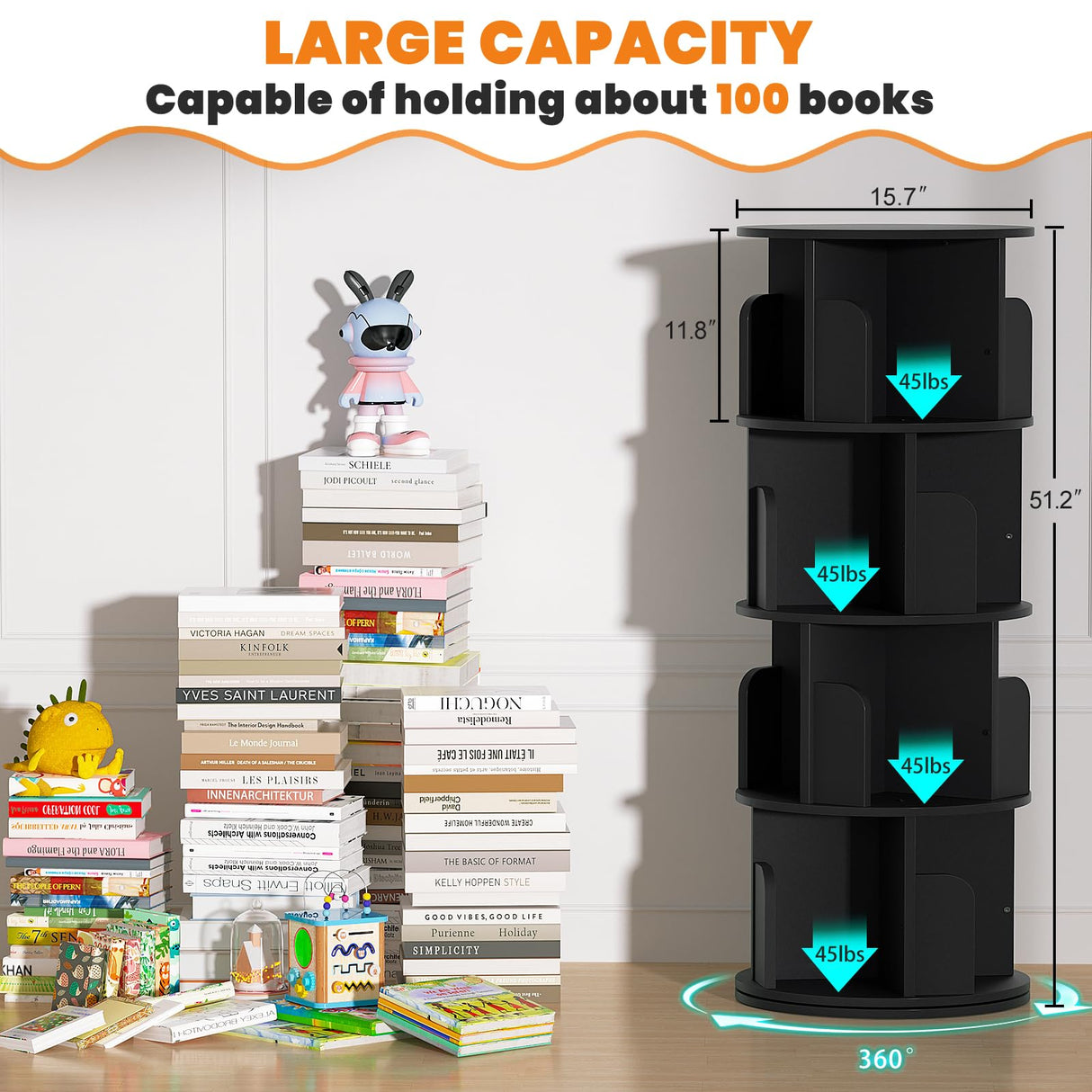 Besiost 360° Rotating 4-Tier Black Corner Bookshelf for Small Spaces Besiost