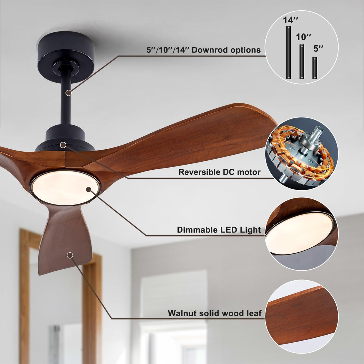 QUTWOB 42" Wood Ceiling Fan with Lights Remote Control,Quiet DC Motor 3 Blade Ceiling Fans for Patio Living Room, Bedroom, Office,Indoor Outdoor(Black+Dark Walnut) QUTWOB