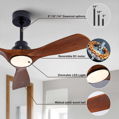 QUTWOB 42" Wood Ceiling Fan with Lights Remote Control,Quiet DC Motor 3 Blade Ceiling Fans for Patio Living Room, Bedroom, Office,Indoor Outdoor(Black+Dark Walnut) - WoodArtSupply