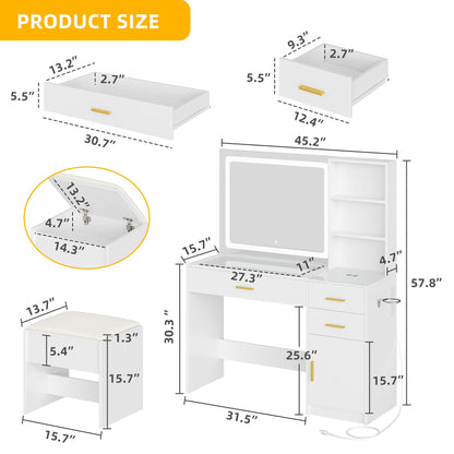 DWVO 45" W Vanity Desk with Wireless Charging Station & Power Outlet, Vanity Mirror w/Lights Table Set with Storage Bench, 4 Large Drawers Vanity Set 3 Lighting Modes Brightness Adjustable, White