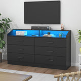 Gyfimoie 6 Drawer Dresser with Charging Station, Dresser for Bedroom with LED Light, Chest of Drawers for Closet, Modern Dressers with Open Storage Cubby, Double Wide Dressers for Living Room (Black) Gyfimoie