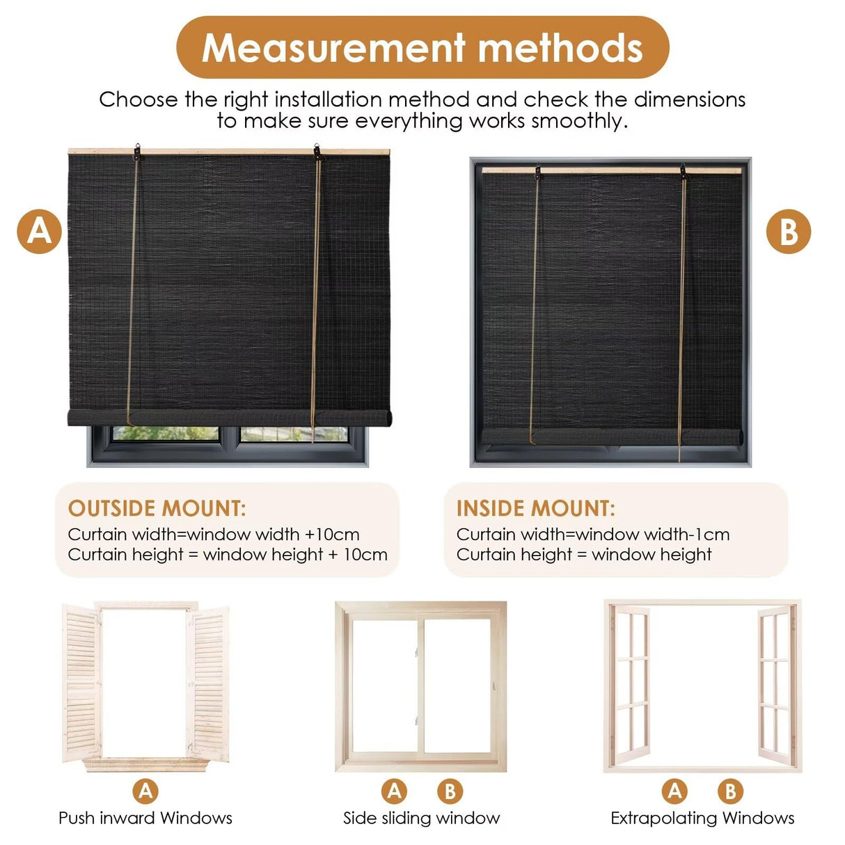Bamboo Roller Blinds Shades,Outdoor Bamboo Roll Up,Vertical Lifting,Natural,Breathable,Waterproof Roller Shades for Privacy Protection,Sun Shade,Blackout,Ventilation,Easy Installation,35x72in（WxH BAYUE