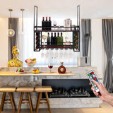 Ceiling Wine Glass Rack - Wine Rack Wall Mounted with Glass Holder, 2 Layer Industrial Hanging Wine Bottle Holder with LED, Wine Storage Display Shelf for Home Bar Dining Room Kitchen (Black, 47.2in) KEPMOGOH