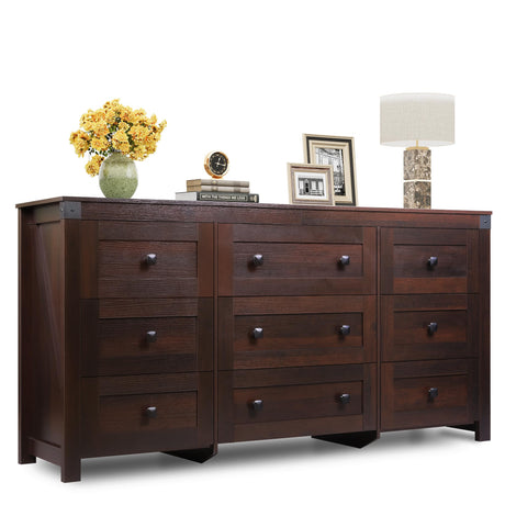WLIVE Farmhouse Dresser for Bedroom, 63" Wide 9 Drawer Dresser Storage Organizer, Wood Chest of Drawers for Bedroom, TV Stand for 70 inch TV for Living Room, Hallway, Ball Bearing Slide (Brown) WLIVE