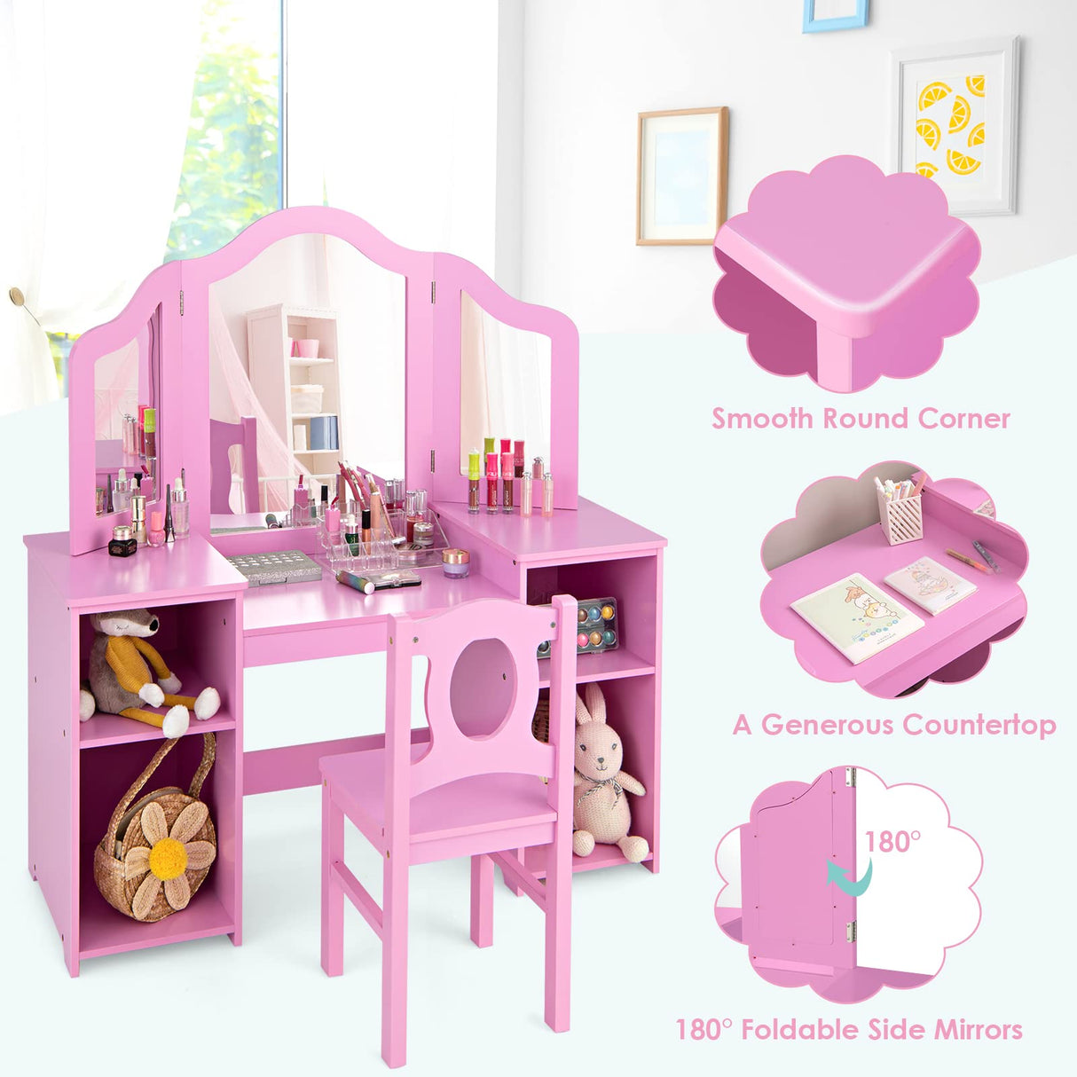 INFANS Kids Vanity, 2 in 1 Princess Makeup Desk & Chair Set with Tri-Folding Detachable Mirror, Large Storage Shelves, Wooden Pretend Play Dressing INFANS