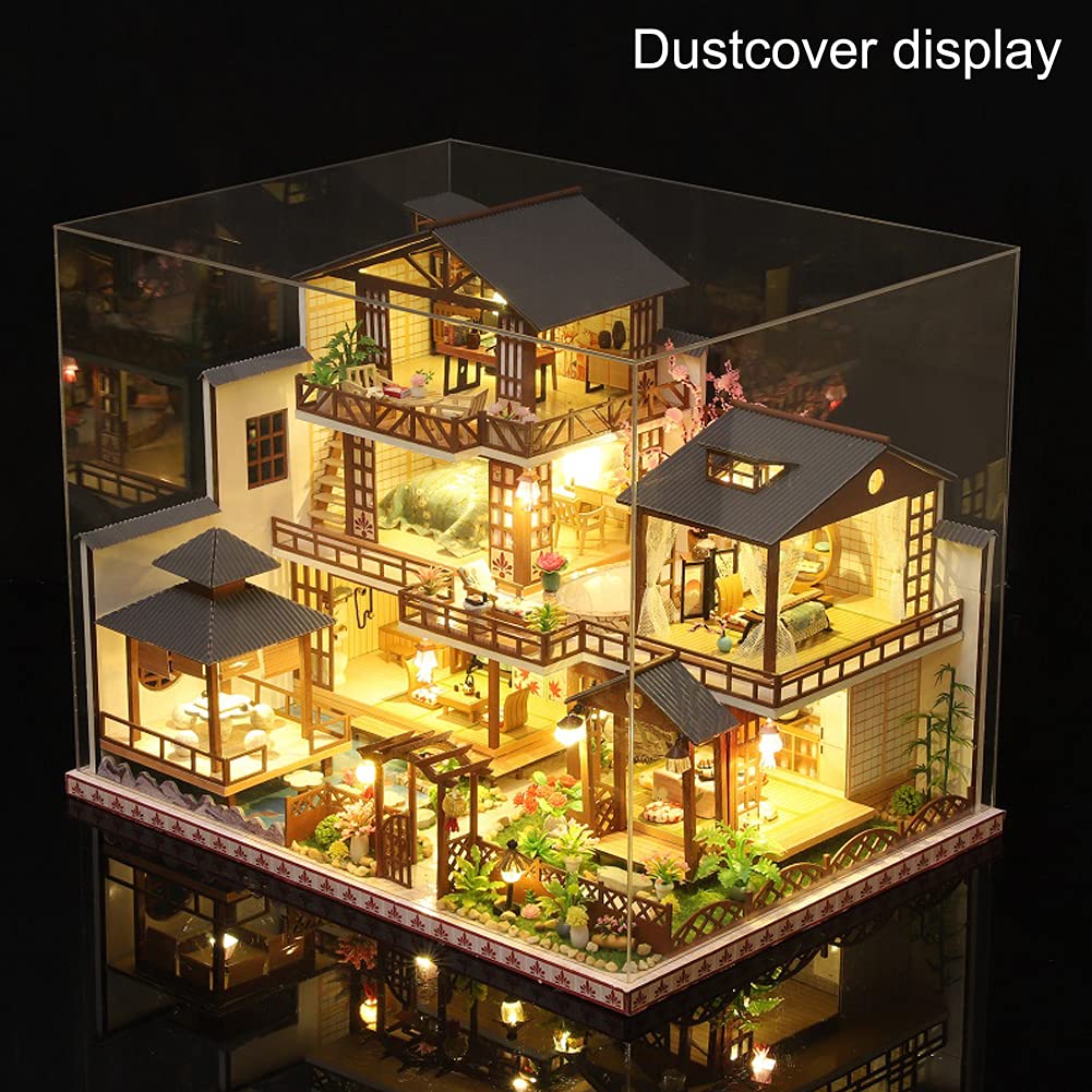 Yuzhen DIY Miniature Dollhouse Kit with Furniture and LED Lights, Japanese Wooden Dollhouse Includes Dustcover and Music Box, Collectibles for Hobbies - WoodArtSupply