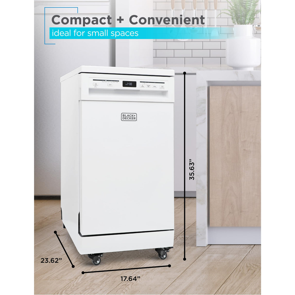 BLACK+DECKER 18” Portable Dishwasher, Compact Dish Washer with 8-Place Setting Capacity, Stainless Steel Tub, 6 Wash Programs, Worktop Space, Mobile Dishwasher with Casters, Faucet Connect, White BLACK+DECKER