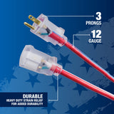 Southwire Heavy Duty Extension Cord, 50Ft, 12 Gauge, 3 Conductor, Outdoor Cord, Lighted End, SJTW, Red/White/Blue, 2548SWUSA1 Southwire