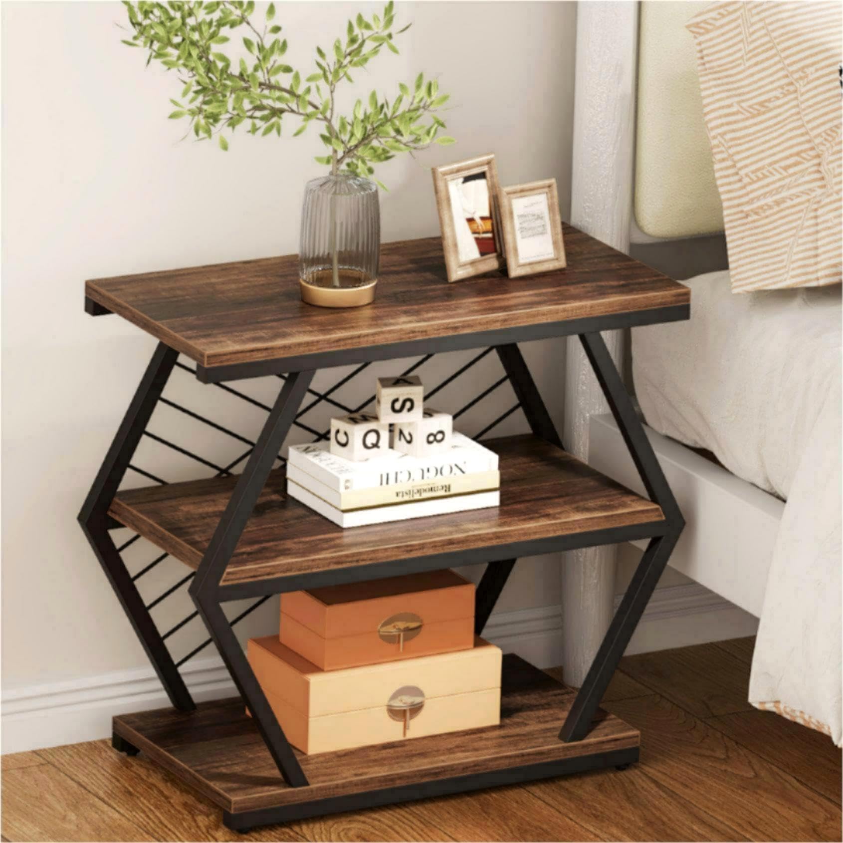 Tribesigns End Table, Industrial Side Table with 3 Storage Shelves, Wood Sofa Side Table with Geometric Metal Frame, Bedside Table for Living Room, Bedroom (1PC, Rustic Brown) - WoodArtSupply