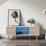 WAMPAT LED Mid-Century Modern TV Stand for TVs up to 60 inch Flat Screen Wood TV Console Media Cabinet with Storage, Home Entertainment Center in White and Oak for Living Room Bedroom, 55 inch WAMPAT