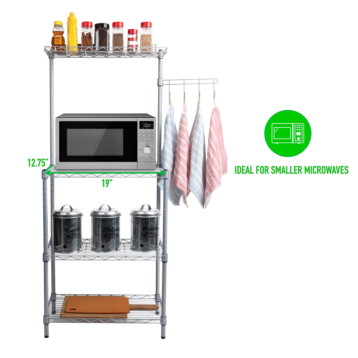 Mind Reader Microwave Rack with Storage, Bakers Rack, Utility Shelf, Kitchen, Metal, 21.25"L x 13.5"W x 50"H, Silver Mind Reader