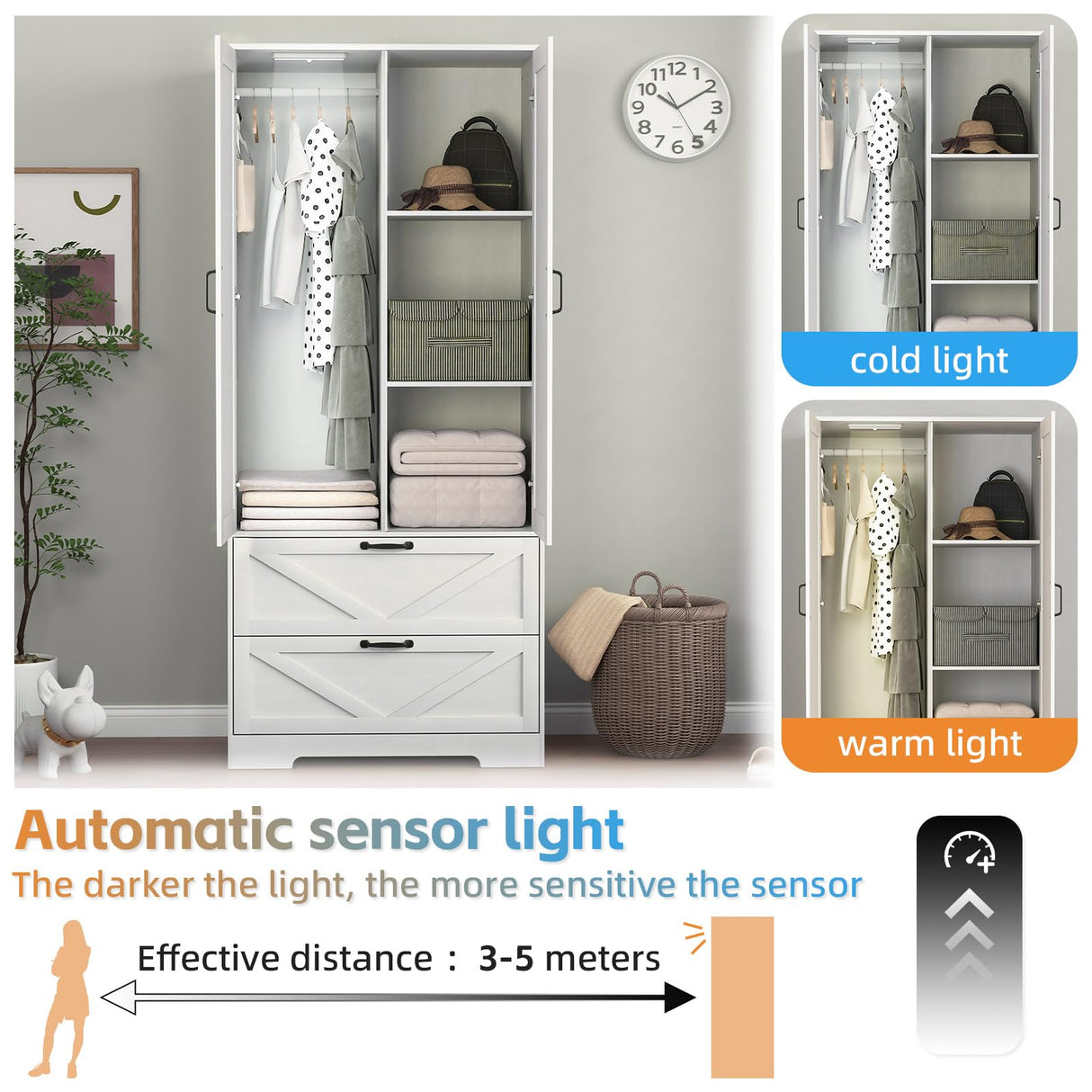 UZUGUL Armoire Wardrobe Closet with Mirror Door and Light,Farmhouse Bedroom Armoire Cabinet with Hanging Rod and 2 Drawer,Wooden Wardrobe Cabinet Closet with Adjustable Shelf for Bedroom UZUGUL