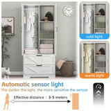 UZUGUL Armoire Wardrobe Closet with Mirror Door and Light,Farmhouse Bedroom Armoire Cabinet with Hanging Rod and 2 Drawer,Wooden Wardrobe Cabinet Closet with Adjustable Shelf for Bedroom UZUGUL