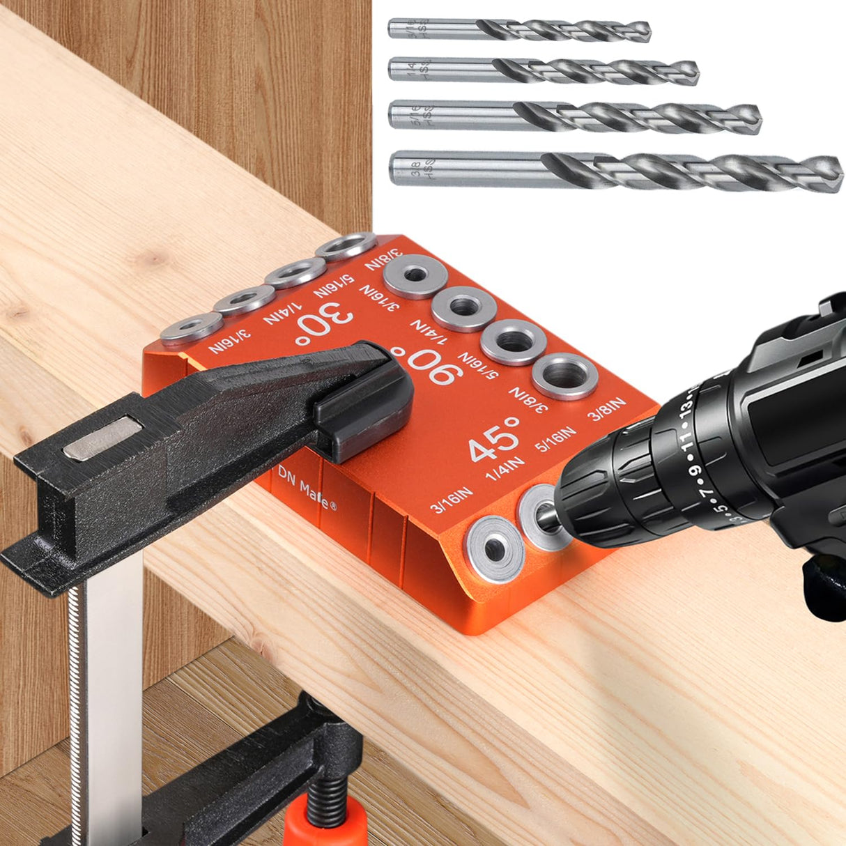 Steel DN Mate Aluminum Multi-Angle Drill Guide with F Clamp, 30 45 90 Degree 4 Sizes Guide Track Cable Railing Kit Stair Deck Template Jig for Straight and Angle Hole Wood Post, DG45 Steel DN Mate