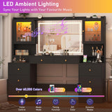 62" Large Black Vanitys Desk w/ Tempered Glass Top,60000-color LED Lights,Power Outlet, Make up Vanity w/ 3 Lights Mode LED Mirror,9 Drawers,2 RGB Cabinet LED Vanity Table for Women,Girls chartustriable