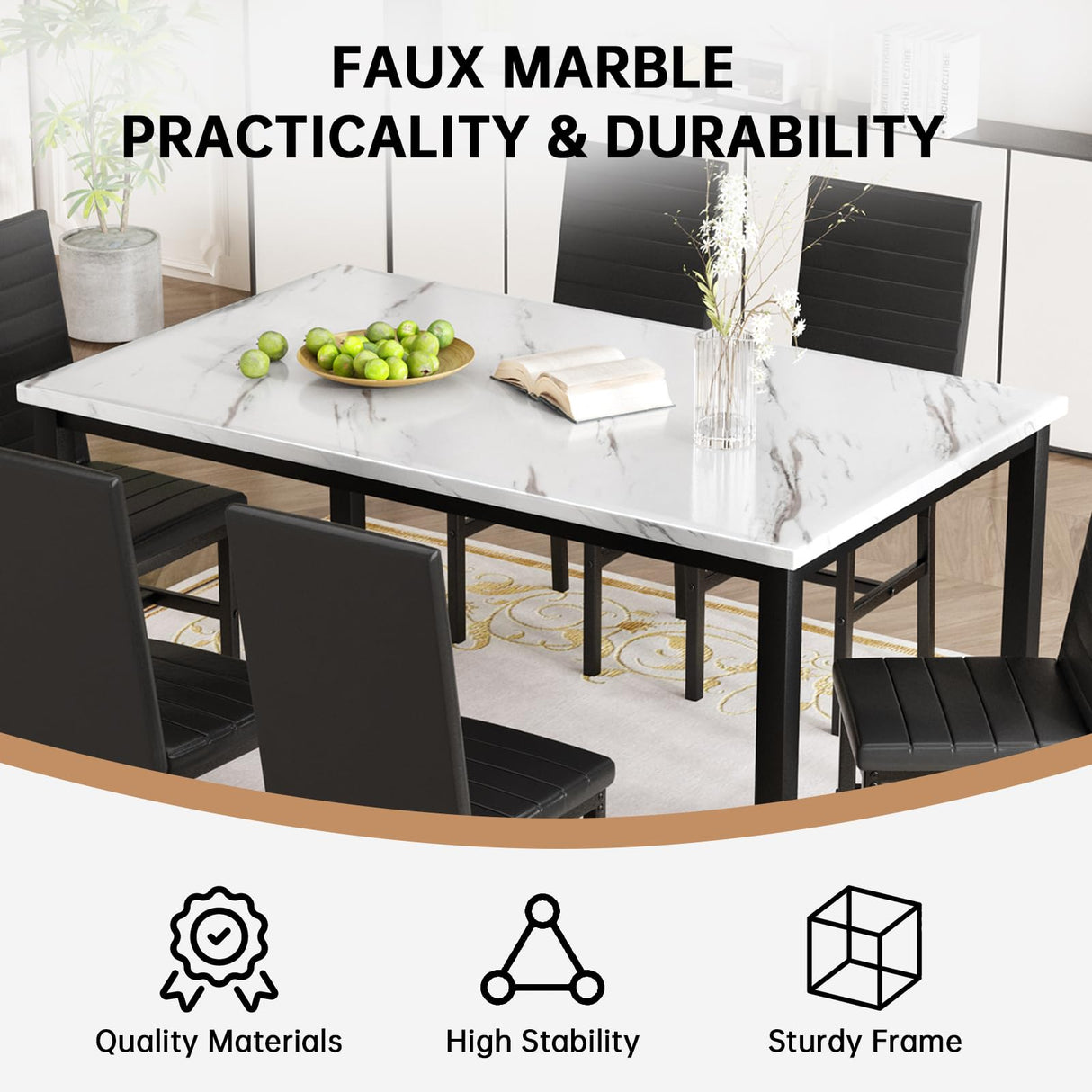 Recaceik Dinner Table Set for 6,Faux Marble Dining Room Table Set,7 Piece Dining Table Set for 6 with PU Leather for Kitchen and Dining (White & Black) Recaceik