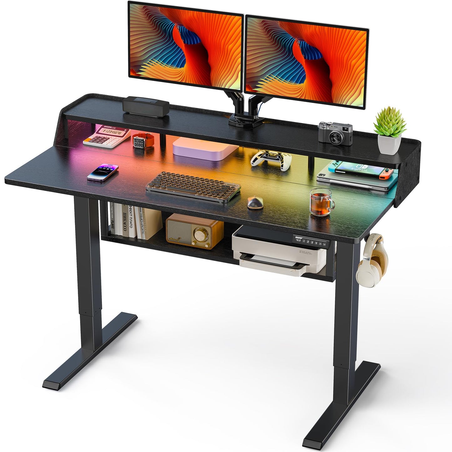 ErGear Adjustable Electric Standing Desk with Bookshelf & RGB Monitor Stand - WoodArtSupply