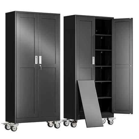 erosoei 75" H Metal Garage Storage Cabinet, Rolling Tool Cabinet with 2 Doors and Wheels, Locker Steel Cabinet with 5 Adjustable Shelves, Organization Cabinet for Garage,Office,Home,Gym,School（Black） erosoei