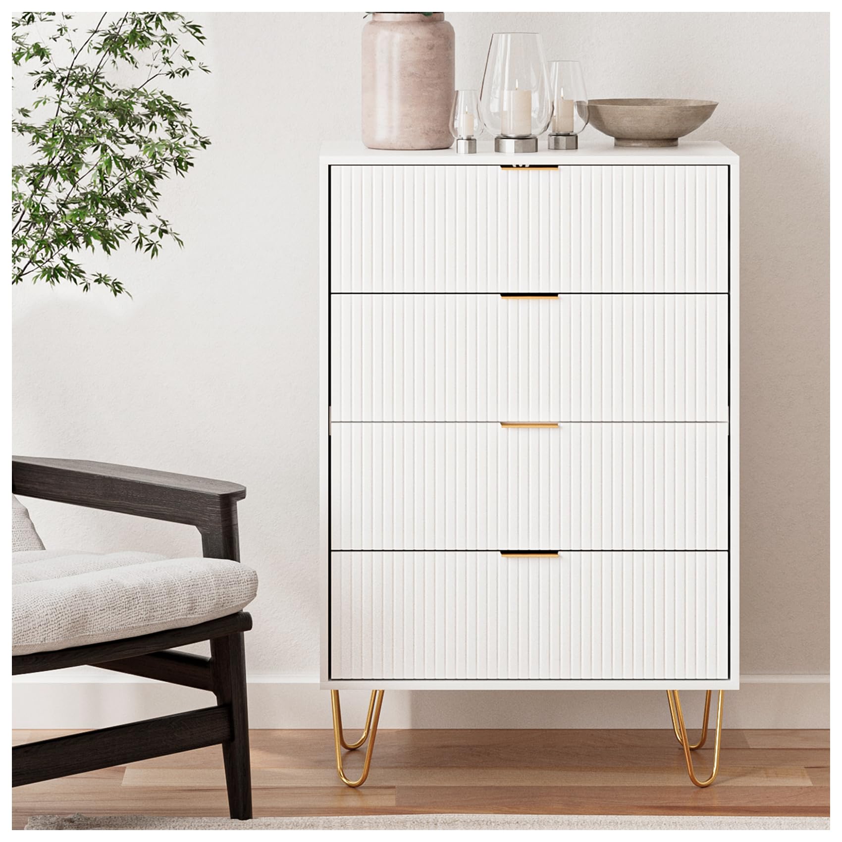 AEPOALUA 4 Drawer Dresser,Drawer Chest,Tall Storage Dresser Cabinet Organizer Unit with Gold Handles,White Dresser for Bedroom,Living Room,Closet,Hallway,Stripe - WoodArtSupply