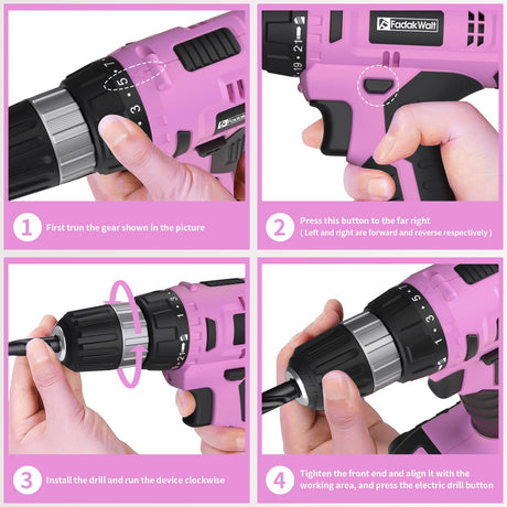 FADAKWALT Cordless Drill Set, 20V Electric Power Drill with Battery And Charger, Torque 30N, 21+1 Torque Setting, 3/8-Inch Keyless Chuck, Drill Driver Bits Kit, with LED Electric Drill Set. （Pink) FADAKWALT