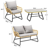 YITAHOME 4 Piece Patio Furniture Set, Outdoor Wicker Furniture Set with Removable Cushion, Rattan Patio Loveseat Set for Garden, Backyard, and Deck,Armchairs, Glass Side Table, Light Gray & Beige YITAHOME