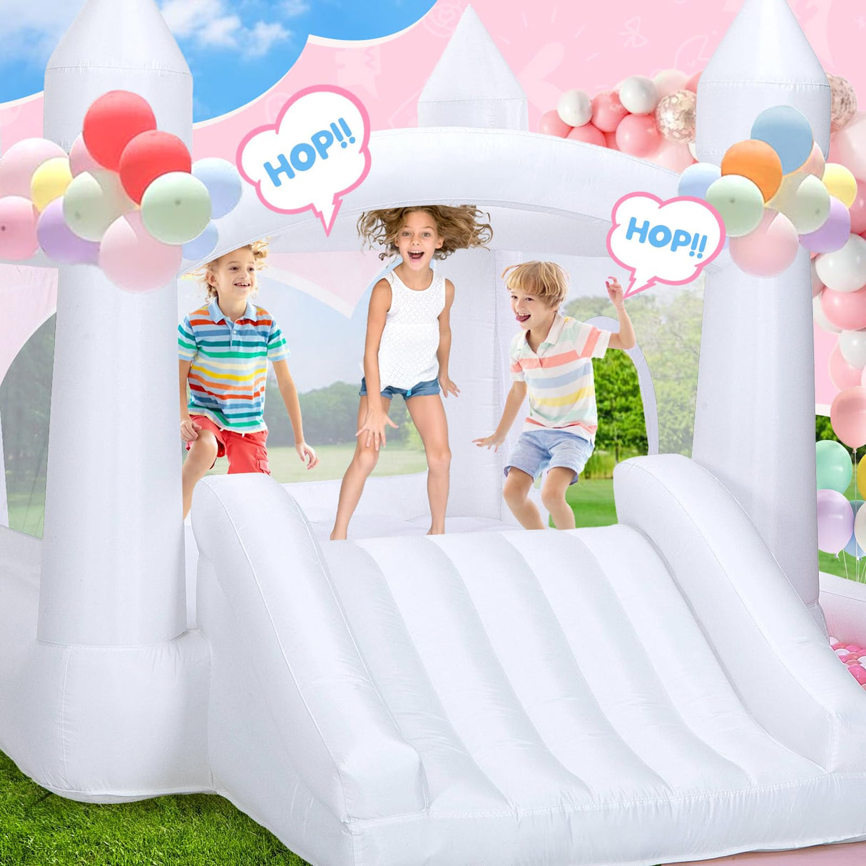 Toiyjofe White Bounce House, Inflatable Bouncer Castle with Slide, Air Blower, Ball Pit, Bouncy Castle for Indoor Outdoor Birthday Party Wedding Decor Backyard for Kids 3-8Y (10FT X 10FT X 7FT) Toiyjofe