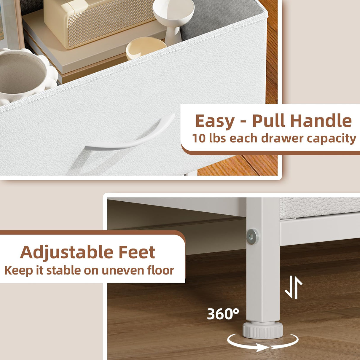 Somdot Dresser for Bedroom with 3 Drawers, Storage Organizer Chest of Drawers with Removable Fabric Bins for Closet Bedside Living Room Laundry Entryway Hallway, White Leather Somdot