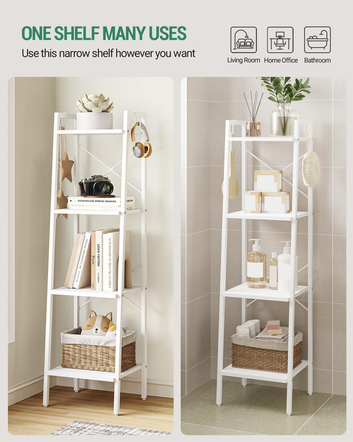 Hzuaneri Ladder Shelf, Bookshelf Bookcase, Freestanding Corner Storage Shelve with 2 Hooks for Home Office, Living Room, Kitchen, Bedroom, Industrial, 4-Tier White BC13213W Hzuaneri